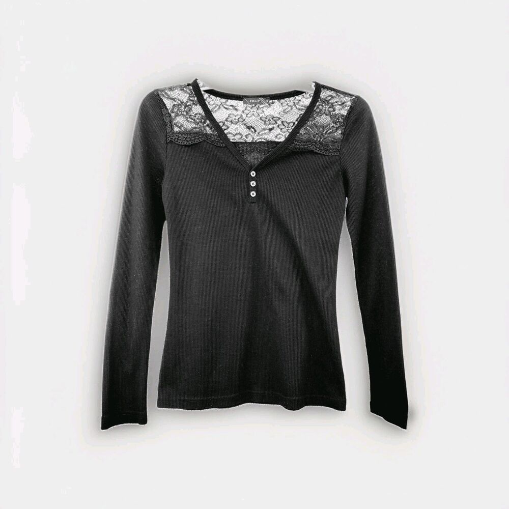 Vintage 90s Y2k Lace Yoke Henley Top Sz M Black Waffle Whimsygoth Vampy Twilight